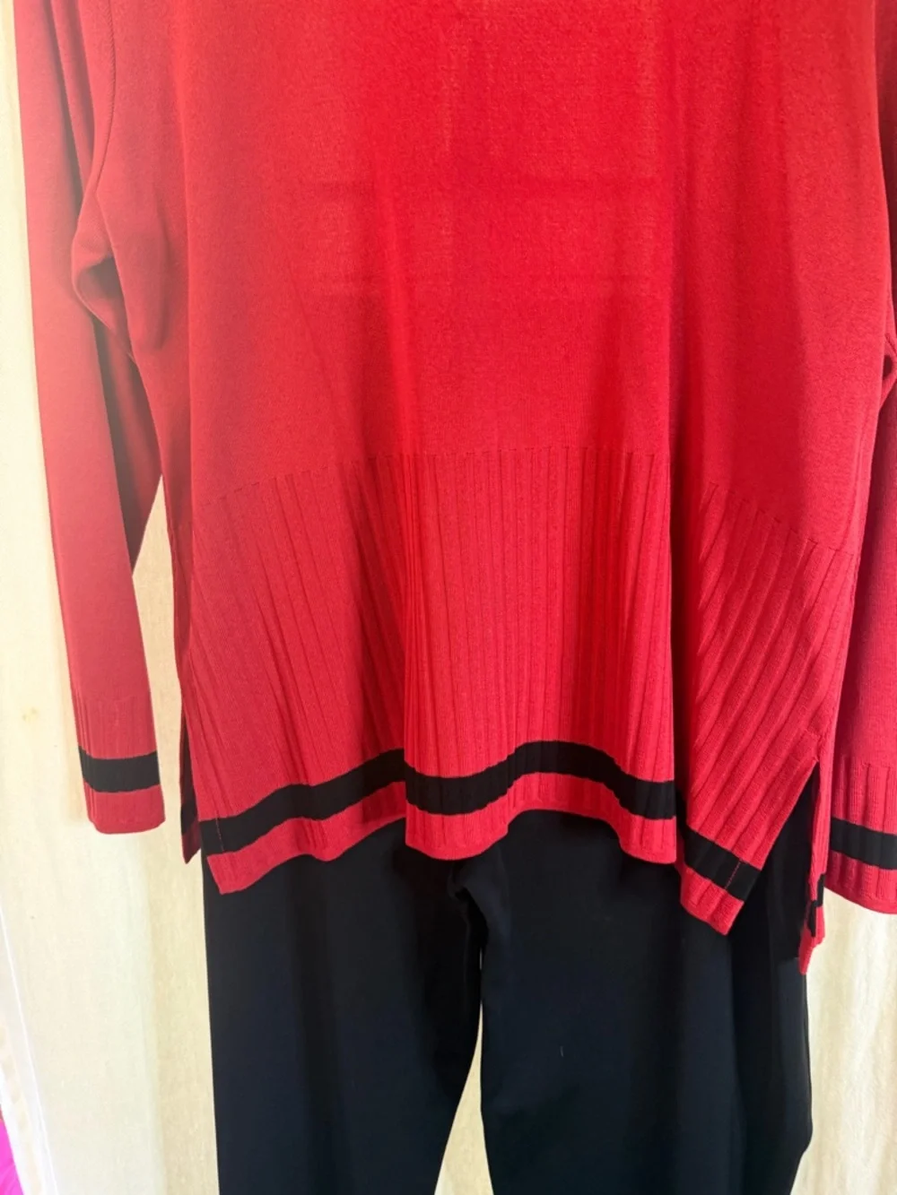 Misook Black Dress Trousers and Matching Red and Black Cardigan
